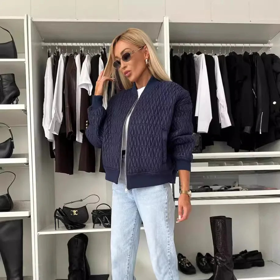 Women's Quilted Bomber Jacket with Zip Front and Ribbed Accents