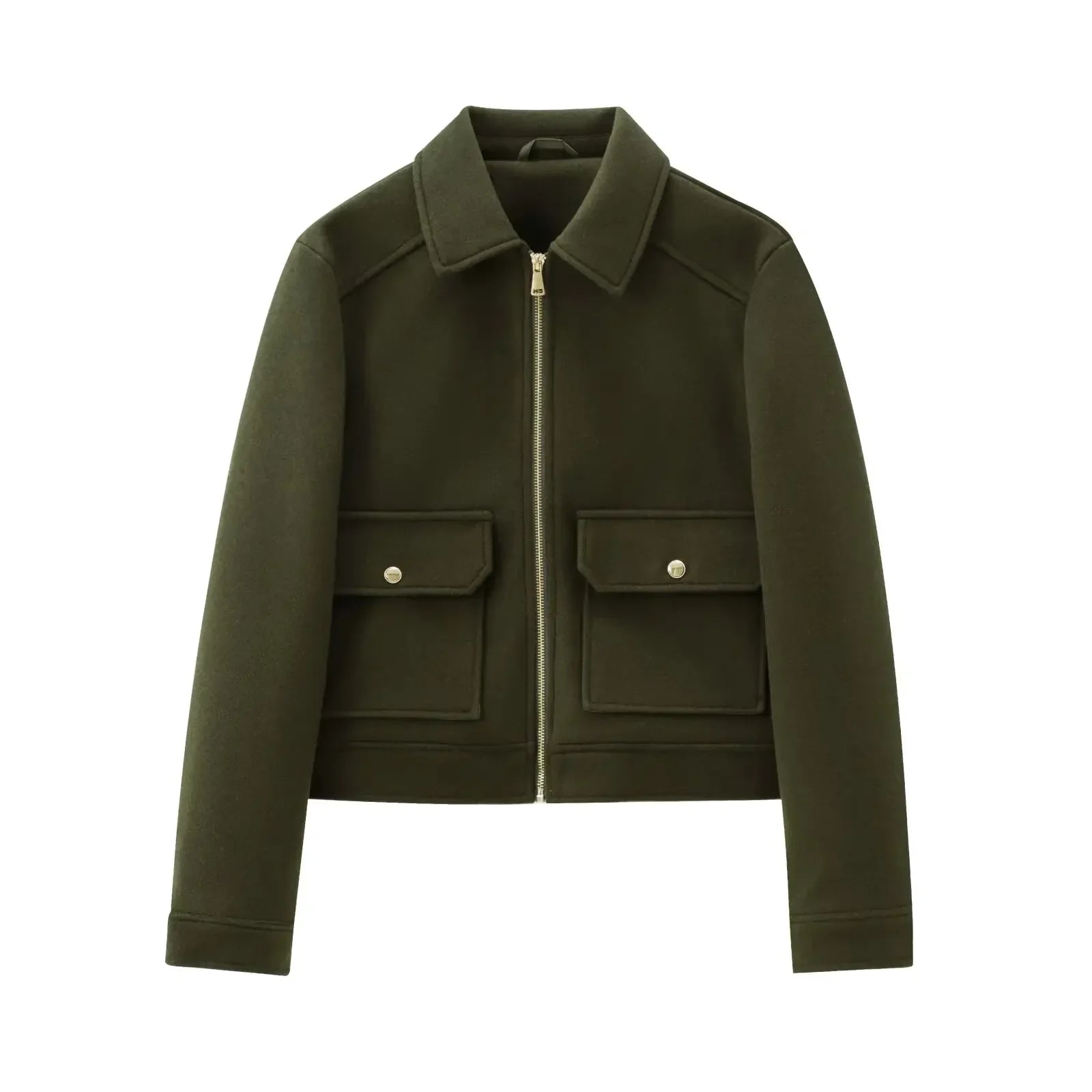 Women's Zip-Up Bomber Jacket with Short Lapels and Flap Pockets