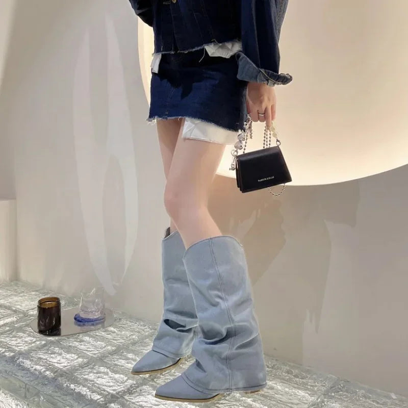 Women's Knee-High Western Boots with Pleated Design, Pointed Toe, and Heels