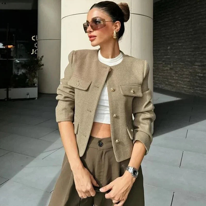 Women's Cropped Bomber Jacket with Long Sleeves and Round Neck