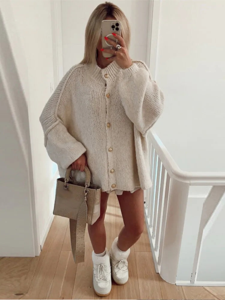 Women's Knit Button Cardigan with Ribbed Neckline and Cuffs