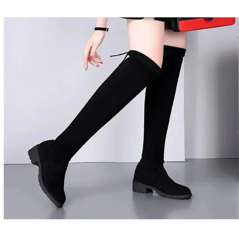 Women's Black Lace-Up Over-the-Knee Boots with Chunky High Heels