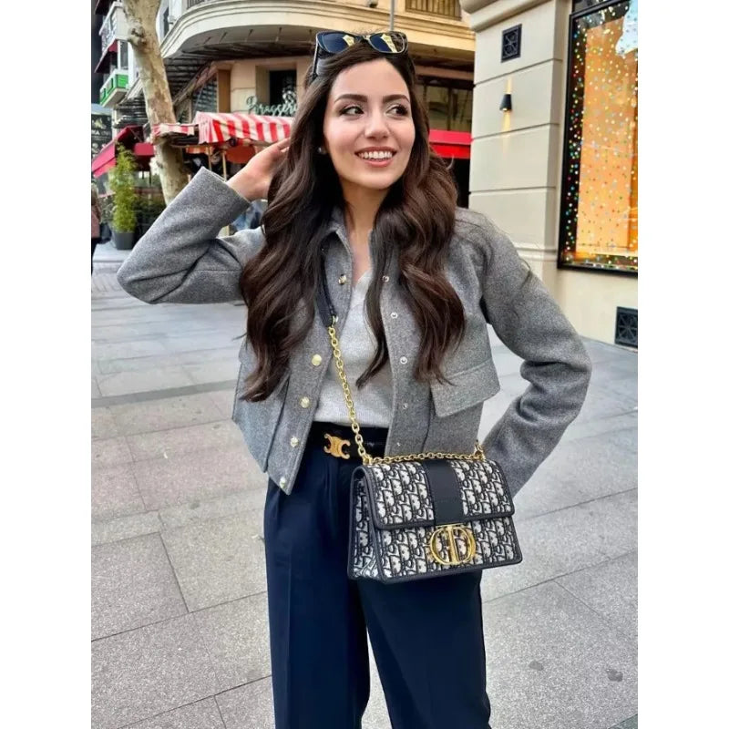 Women's Cropped Aviator Bomber Jacket with Button Closure and Pockets