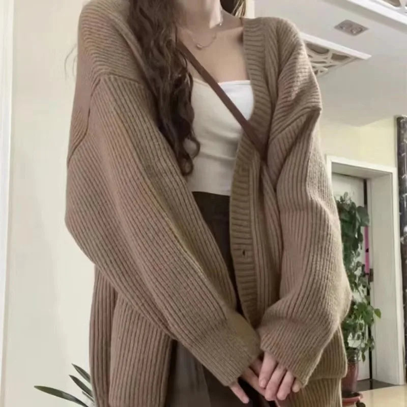 Women's Relaxed Ribbed Cardigan with Drop Shoulders and Button Accents