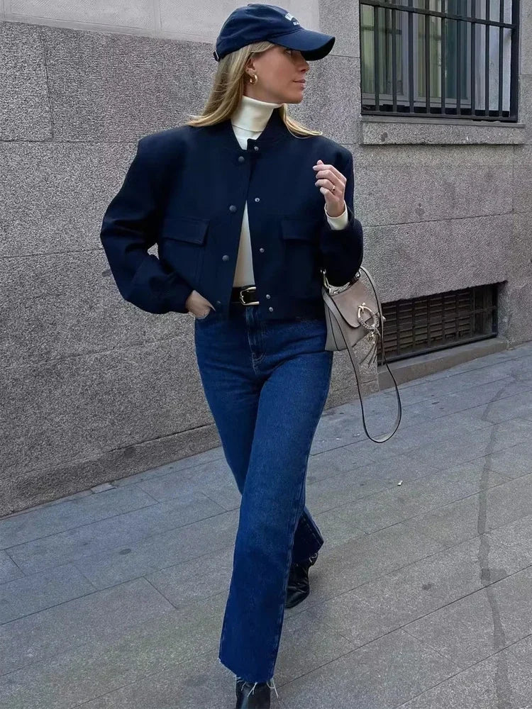 Women's Cropped Bomber Jacket Featuring Baseball Collar and Snap Fasteners