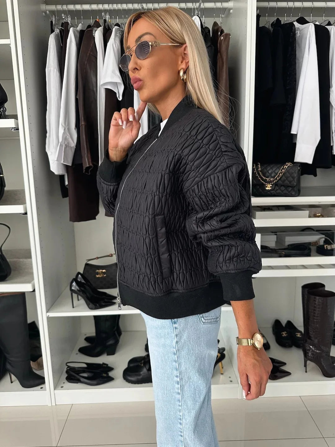 Women's Quilted Bomber Jacket with Zip Front and Ribbed Accents