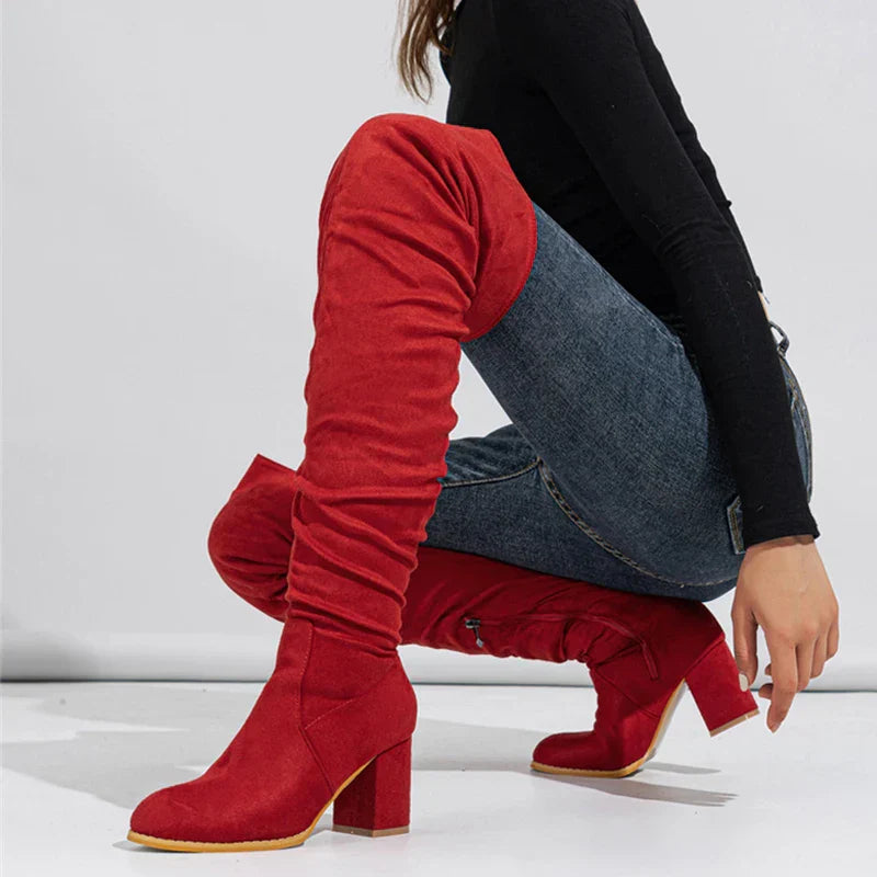 Women's Knee-High Boots with Pointed Toe and Slouchy Block Heel