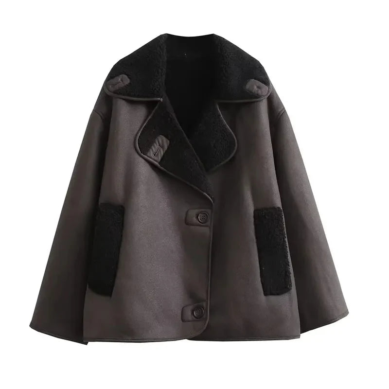 Women's Plush-Lined Leather Winter Jacket with Oversized Collar