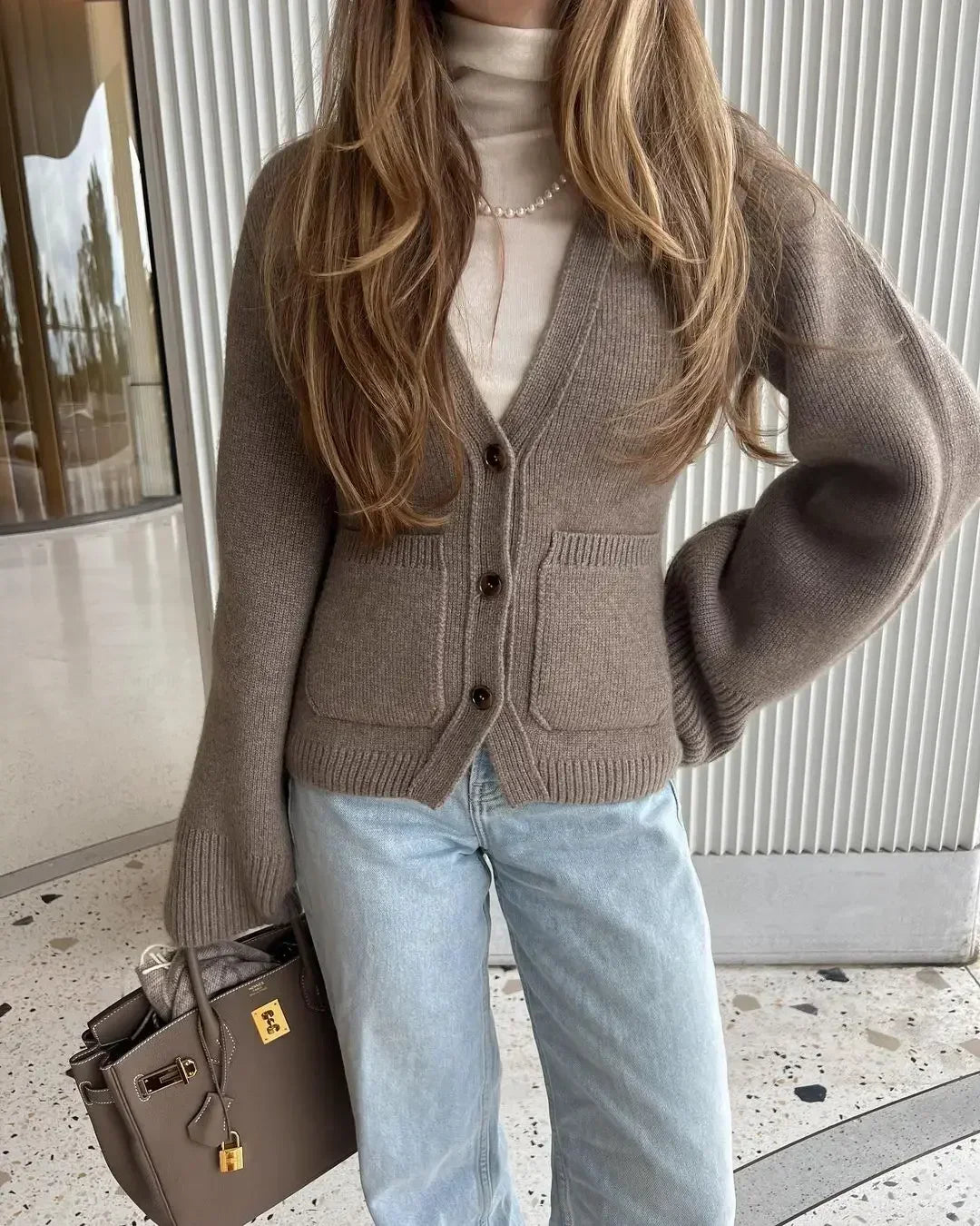 Women's V-Neck Button Cardigan with Ribbed Hem and Patch Pockets
