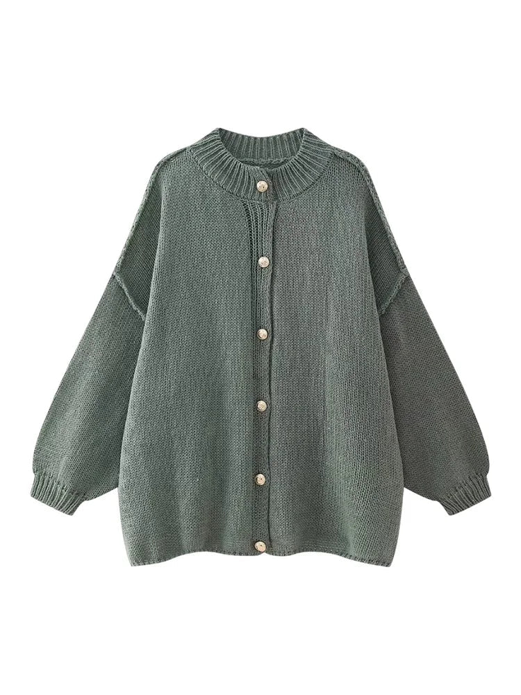 Womens Bat Sleeve Cardigan with Lapel and Metal Button Details