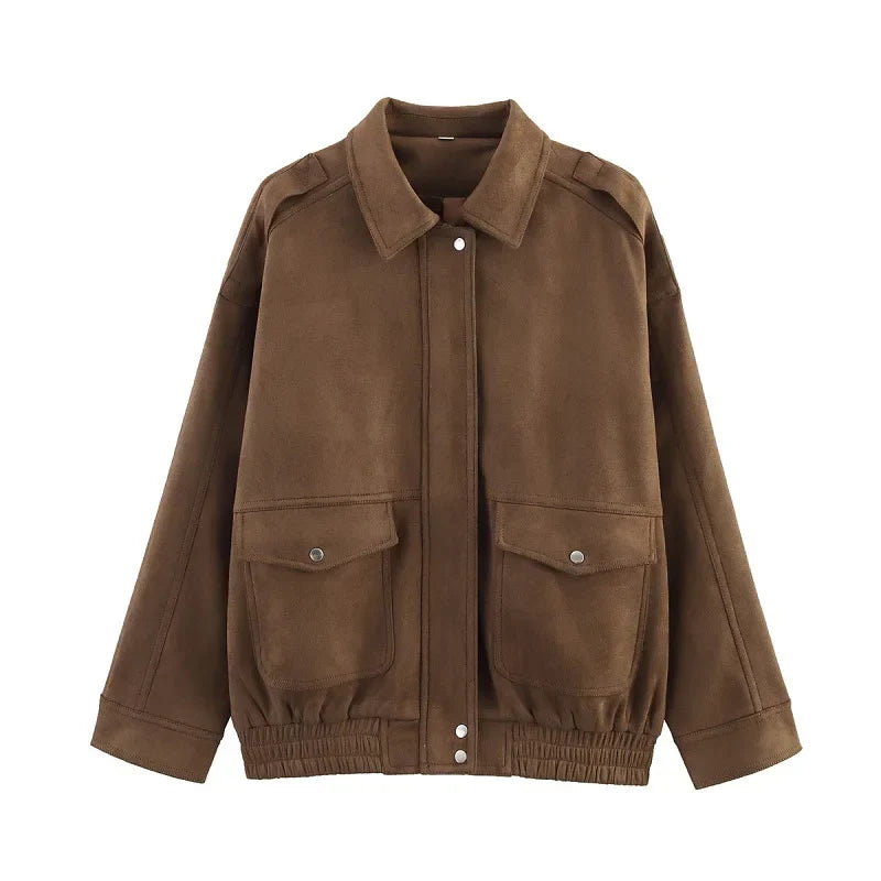Streetwear-Inspired Women's Bomber Jacket Featuring Snap Buttons and Flap Pockets