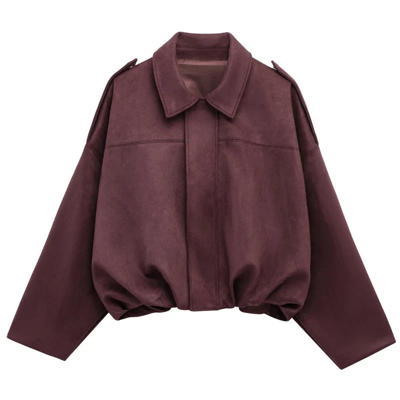 Womens Cropped Bomber Jacket with Lapel Collar and Zip Closure