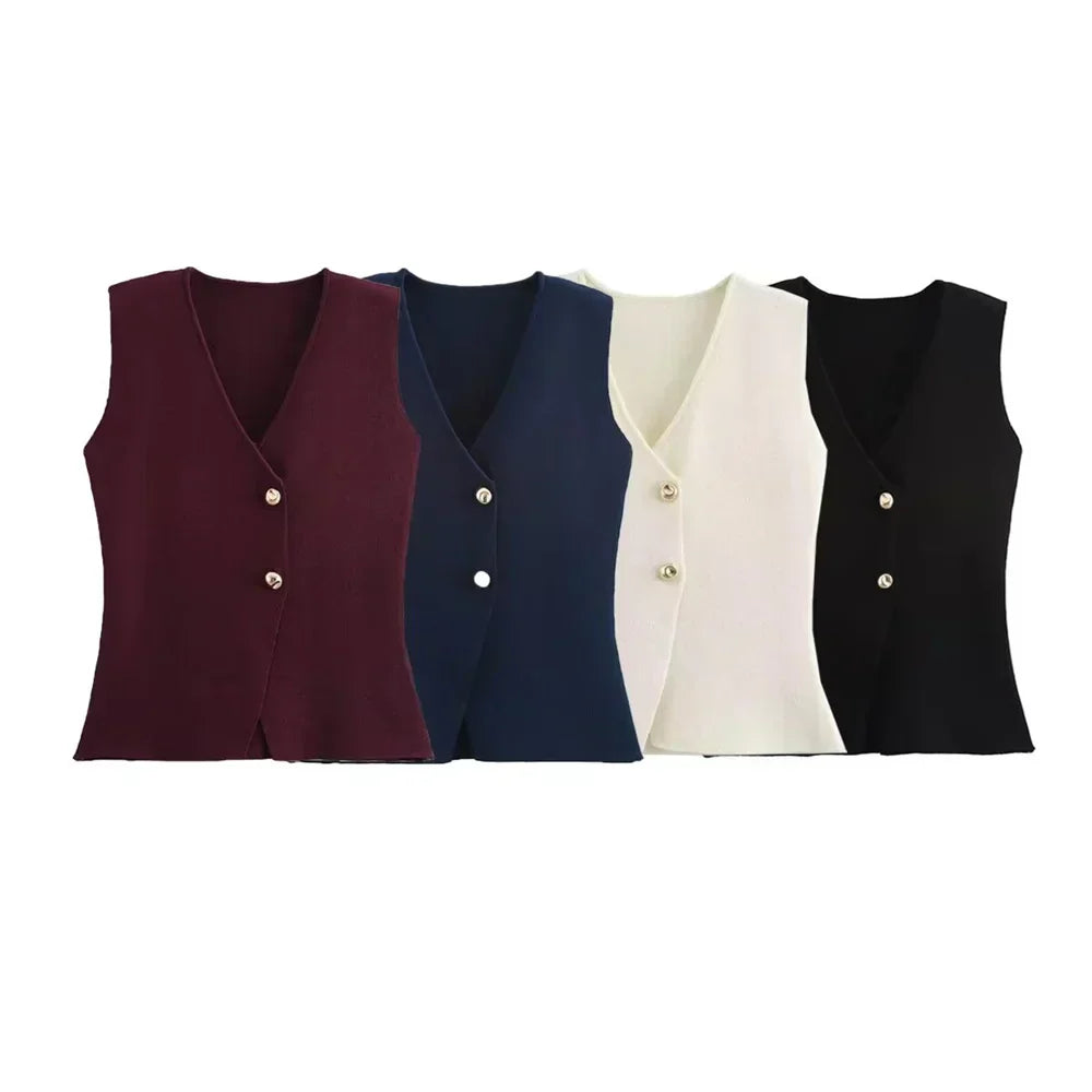Button-Front Sleeveless Knitted Vest Top for Women