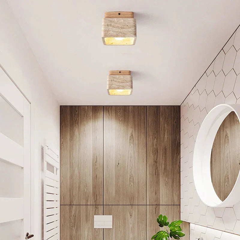 Delona - Lampada da soffitto LED quadrata in Travertino e Legno Naturale