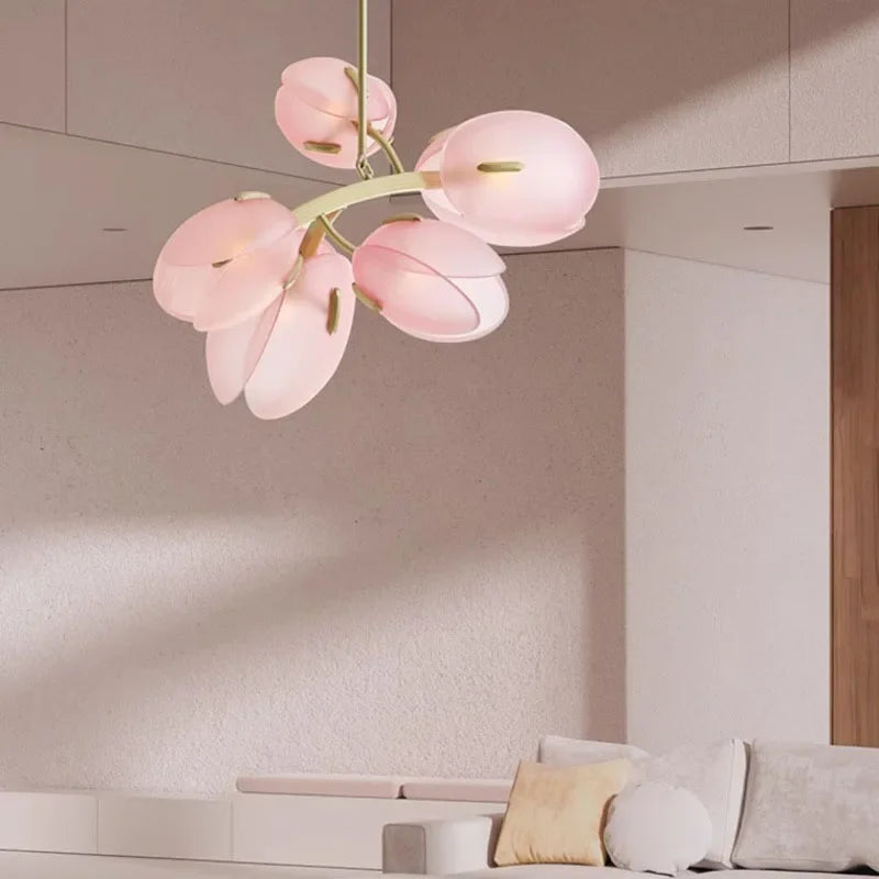 Calypso - Lampada da soffitto in vetro con tulipani rosa in stile scandinavo