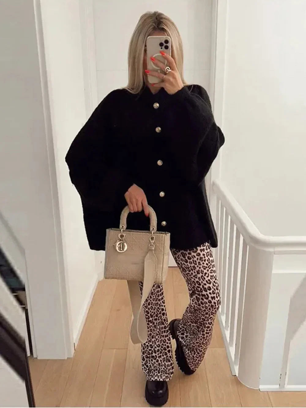 Womens Bat Sleeve Cardigan with Lapel and Metal Button Details