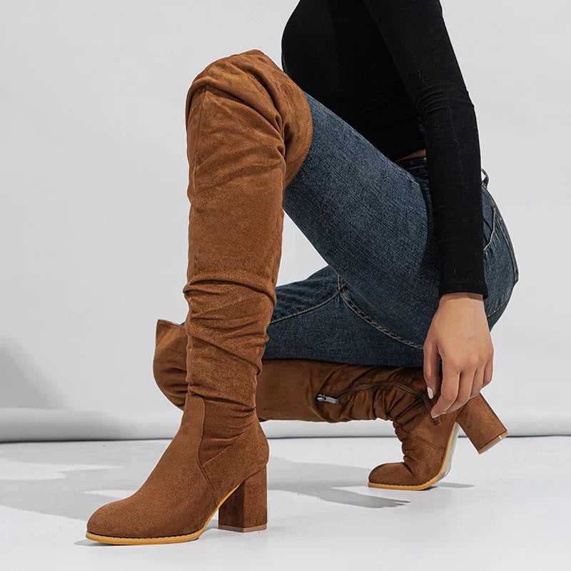 Women's Knee-High Boots with Pointed Toe and Slouchy Block Heel