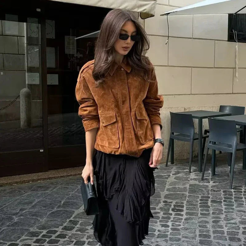 Streetwear-Inspired Women's Bomber Jacket Featuring Snap Buttons and Flap Pockets