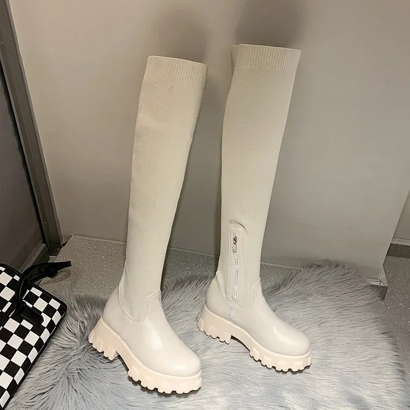 Women's Knee-High Stretch Fit Boots with Chunky Lug Sole and Side Zipper