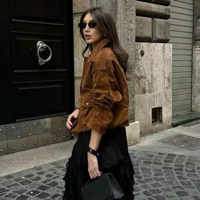 Streetwear-Inspired Women's Bomber Jacket Featuring Snap Buttons and Flap Pockets