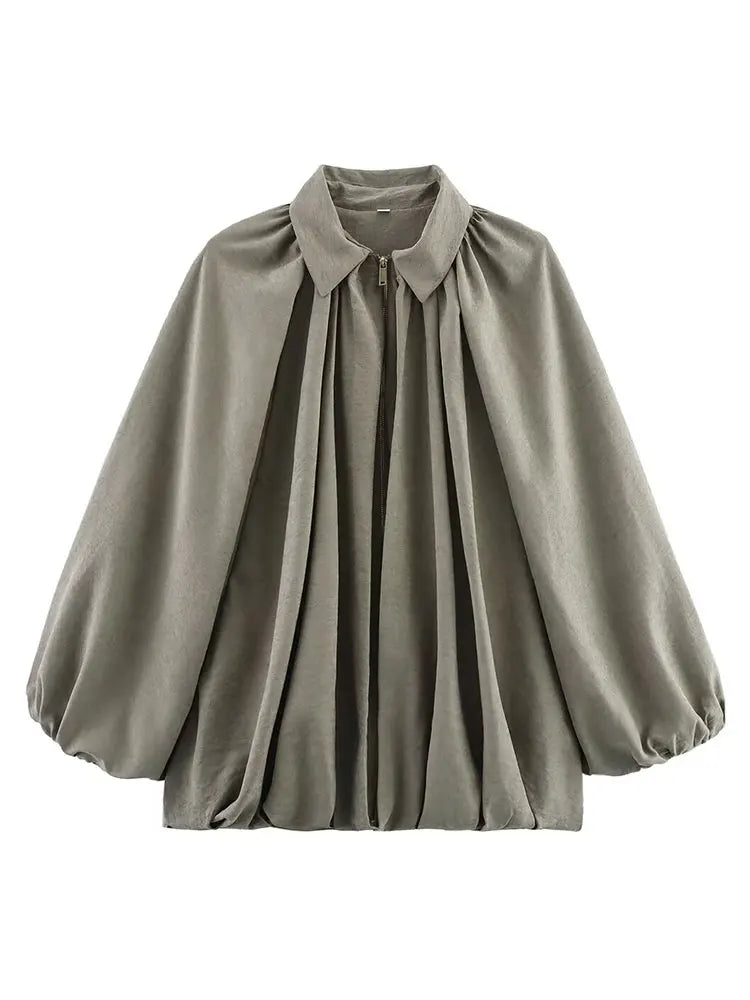 Women's Oversized Bomber Jacket featuring Long Puff Sleeves and Zipper Closure