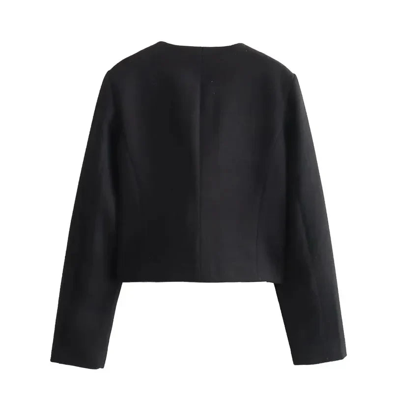 Women's Cropped Bomber Jacket with Long Sleeves and Round Neck
