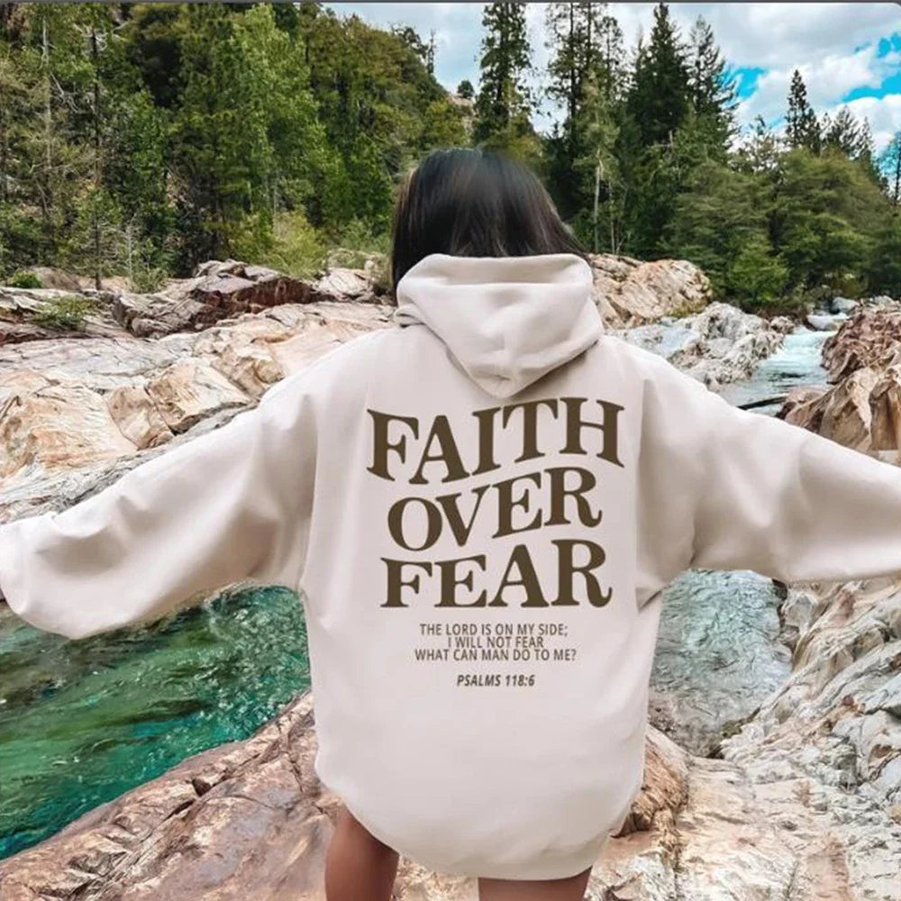 Women's Oversized Hoodie Featuring 'Faith Over Fear' Bible Verse