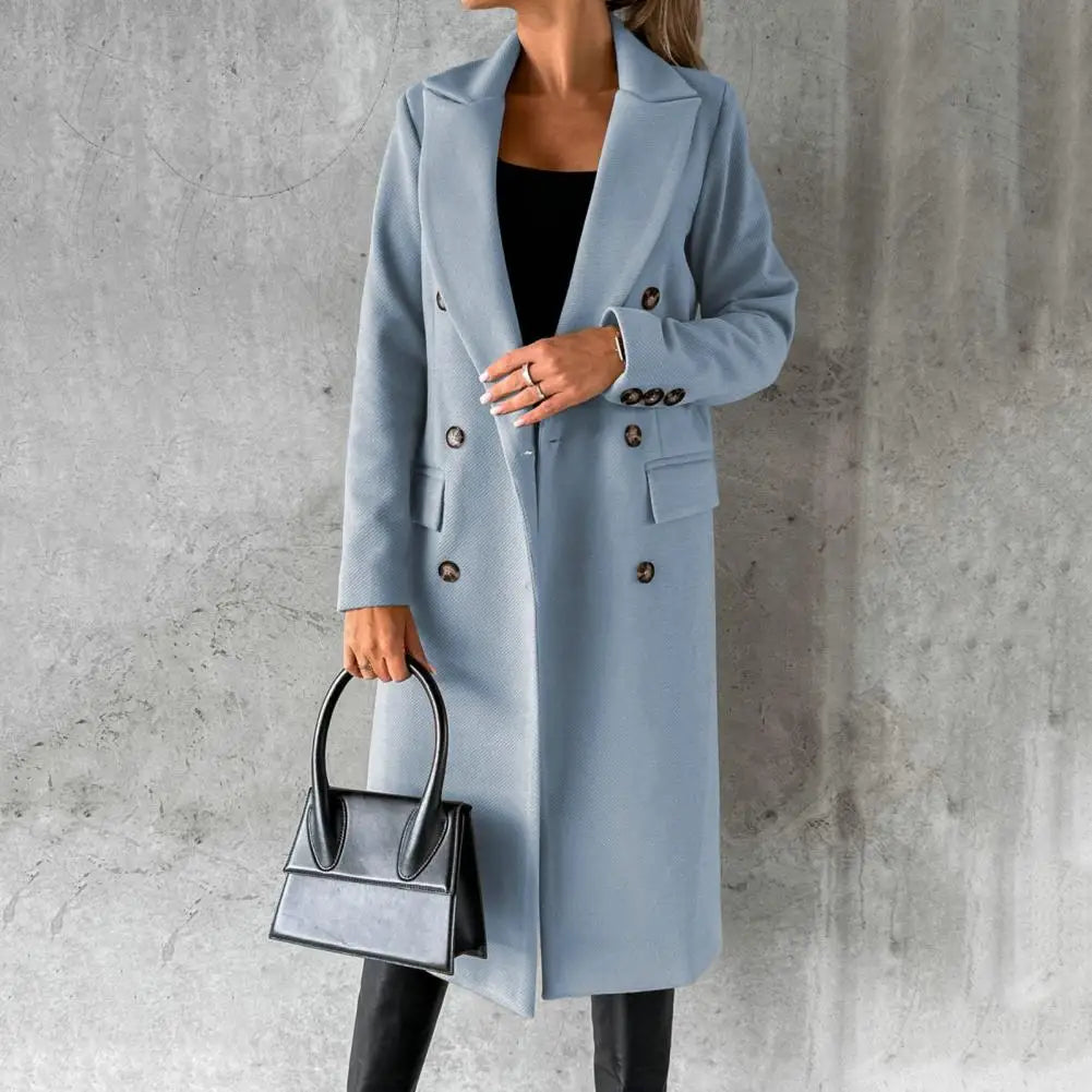 Women's Long Double-Breasted Trench Coat with Buttoned Cuffs