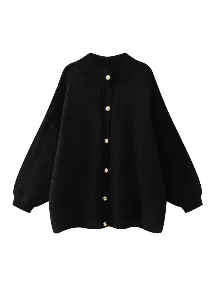 Womens Bat Sleeve Cardigan with Lapel and Metal Button Details