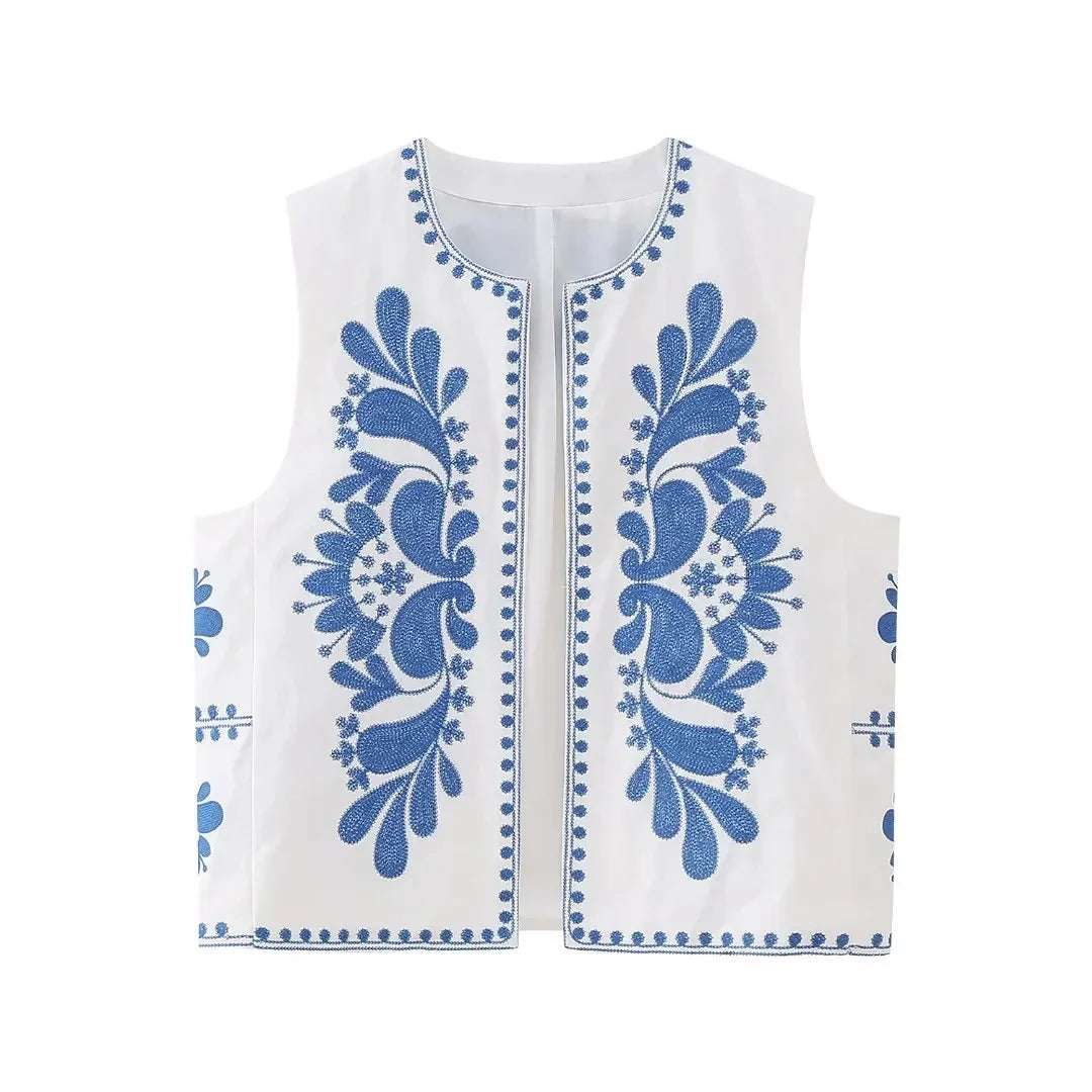 Women's Sleeveless Vest with Floral Embroidery