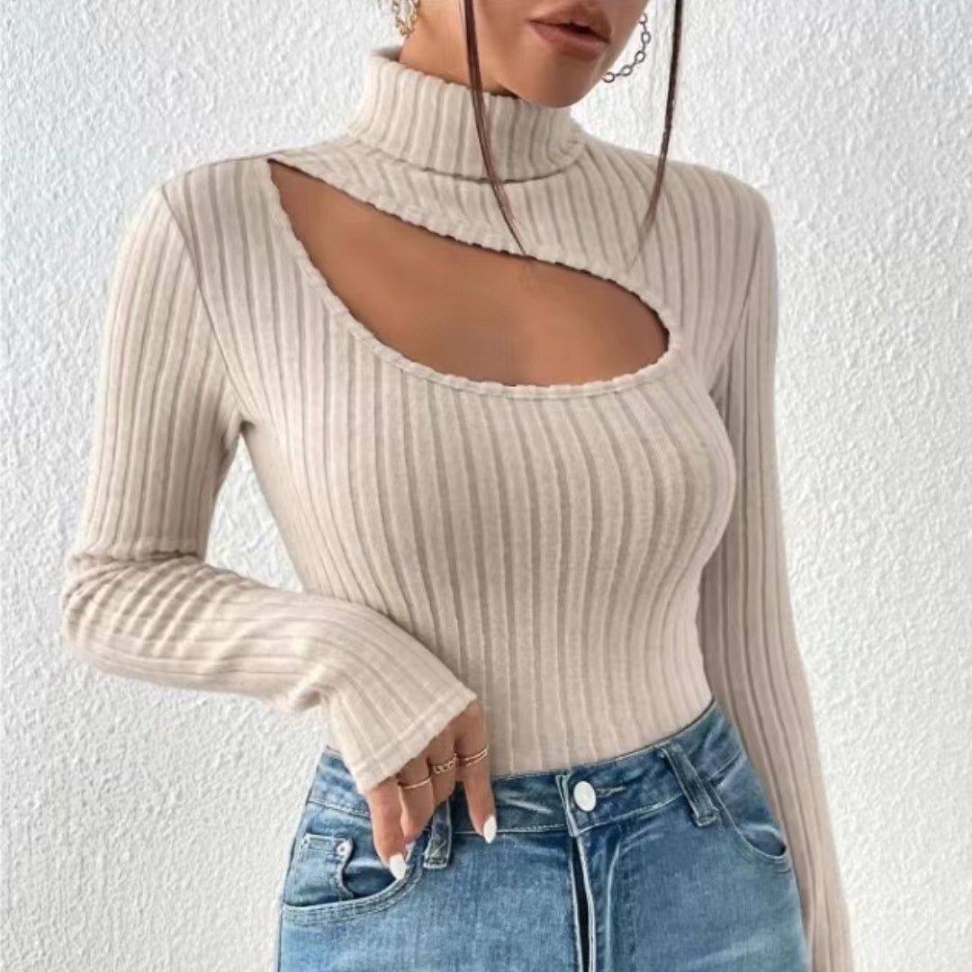 Women's Ribbed Roll Neck Sweater with Hollow Chest Design