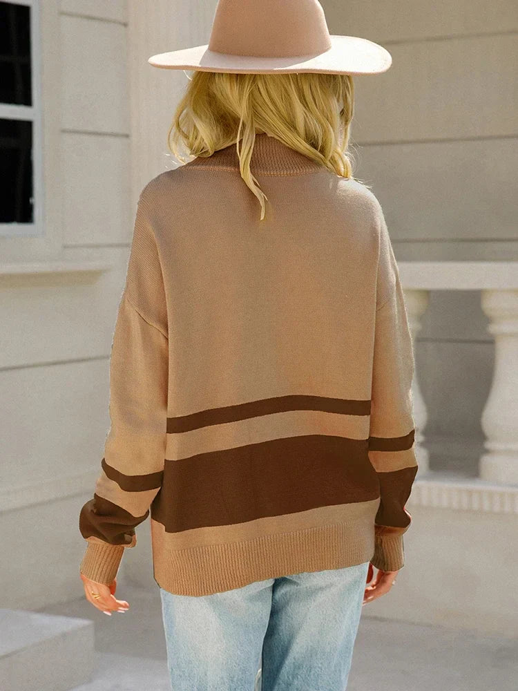 Striped Patchwork Knit Sweater for Women with Long Sleeve Zip-Up Design