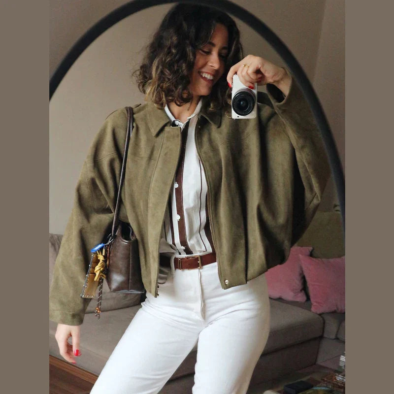 Womens Cropped Bomber Jacket with Lapel Collar and Zip Closure