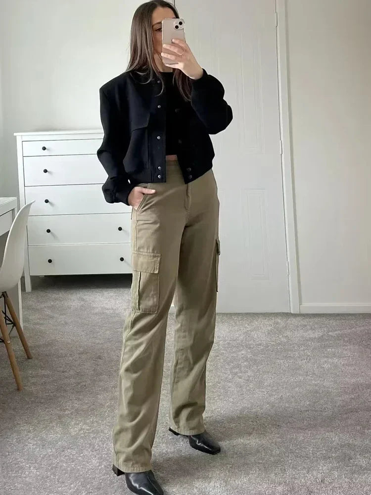 Women's Cropped Bomber Jacket Featuring Baseball Collar and Snap Fasteners