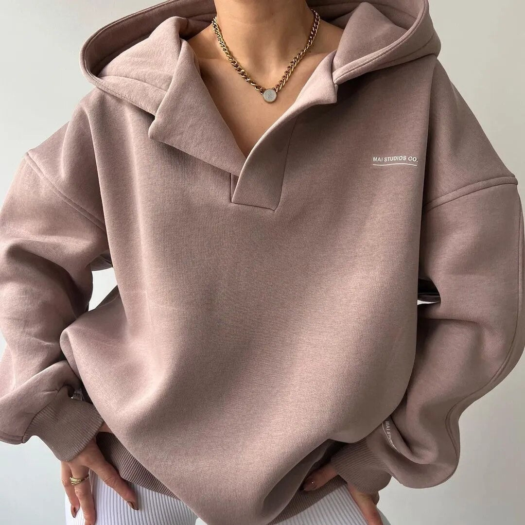 Women's Relaxed Fit Pullover Hoodie with Open V-Neck Design