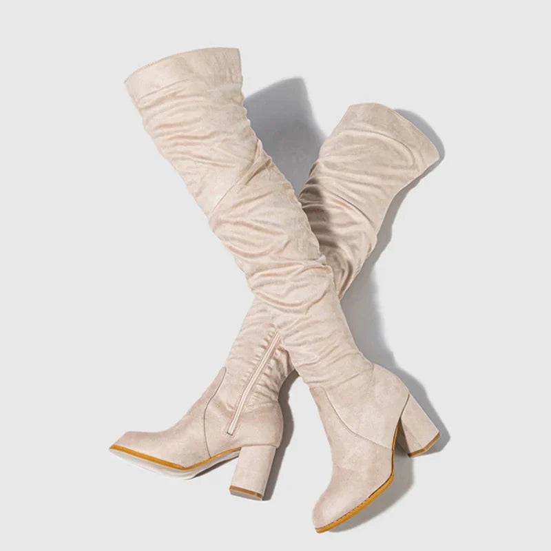 Women's Knee-High Boots with Pointed Toe and Slouchy Block Heel