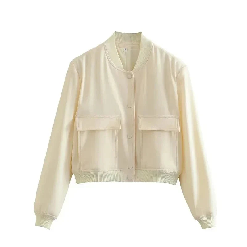 Women's Cropped Bomber Jacket Featuring Baseball Collar and Snap Fasteners