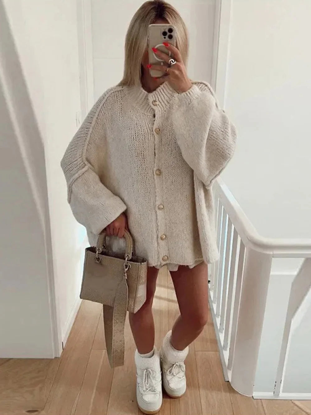 Womens Bat Sleeve Cardigan with Lapel and Metal Button Details