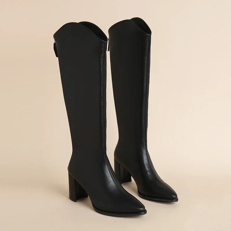 Women's Knee-High Boots with Side Zipper and Chunky Heel