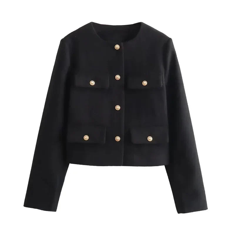 Women's Cropped Bomber Jacket with Long Sleeves and Round Neck