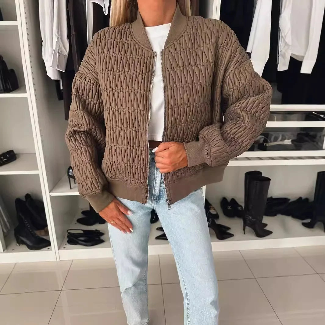 Women's Quilted Bomber Jacket with Zip Front and Ribbed Accents