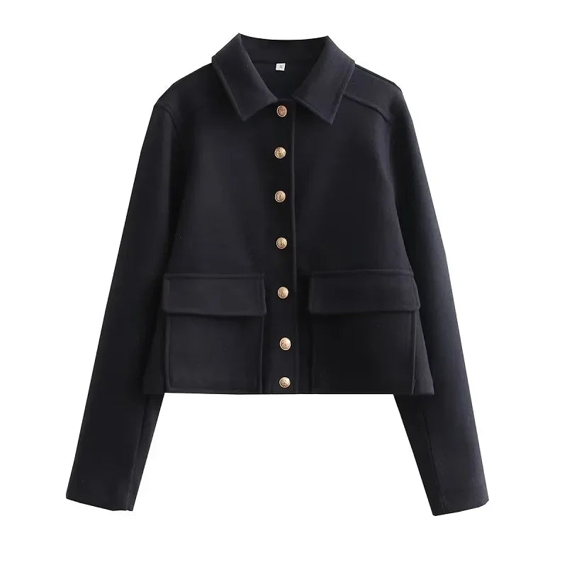 Women's Cropped Aviator Bomber Jacket with Button Closure and Pockets