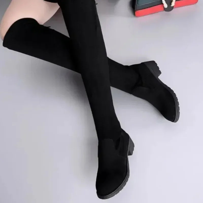 Women's Black Lace-Up Over-the-Knee Boots with Chunky High Heels