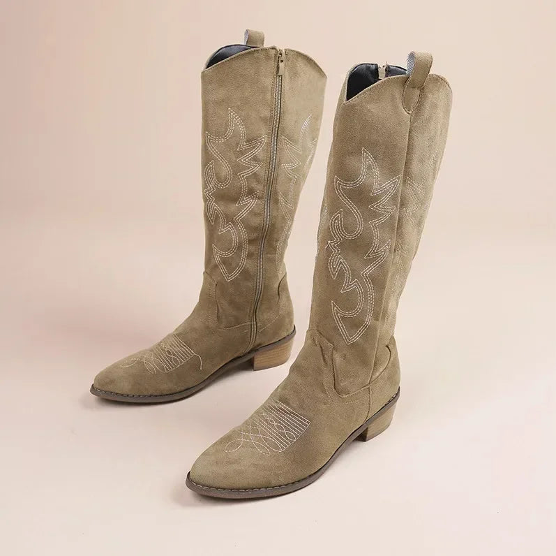 Chunky-Heeled Knee-High Cowboy Boots for Women with Embroidery