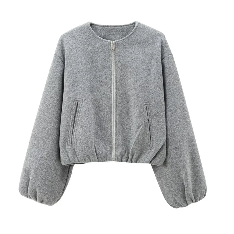Women's Cropped Bomber Jacket with Long Sleeves and Front Zipper