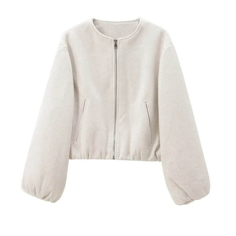 Women's Cropped Bomber Jacket with Long Sleeves and Front Zipper