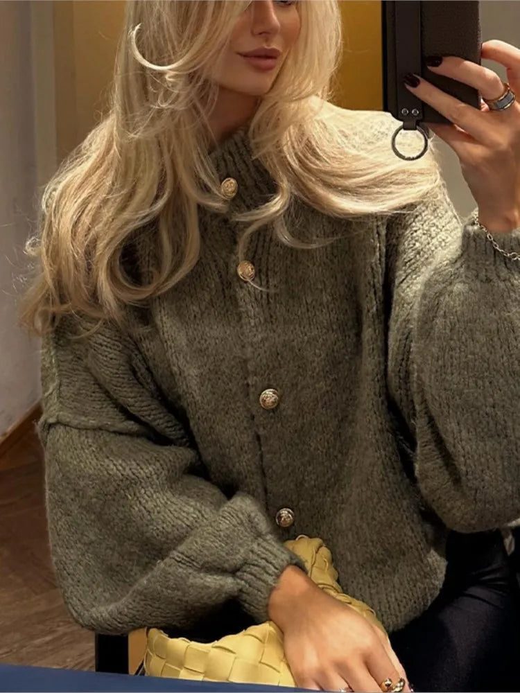 Women's Knit Button Cardigan with Ribbed Neckline and Cuffs