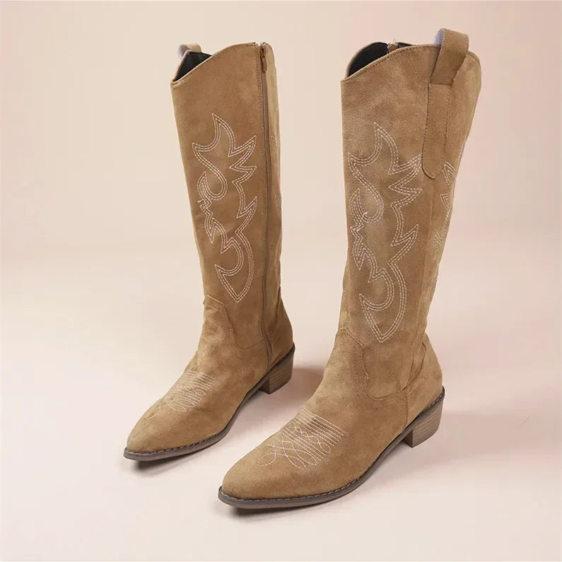 Chunky-Heeled Knee-High Cowboy Boots for Women with Embroidery