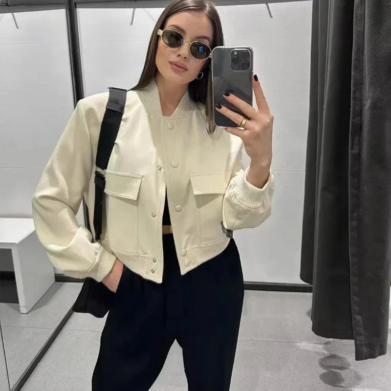 Women's Cropped Bomber Jacket Featuring Baseball Collar and Snap Fasteners