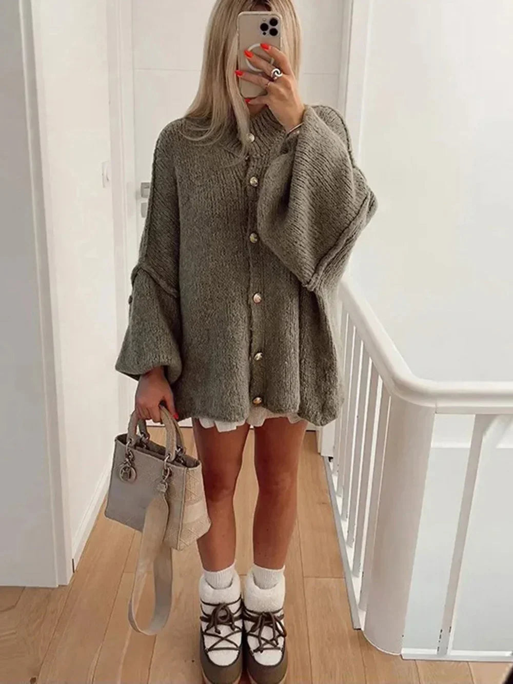 Womens Bat Sleeve Cardigan with Lapel and Metal Button Details